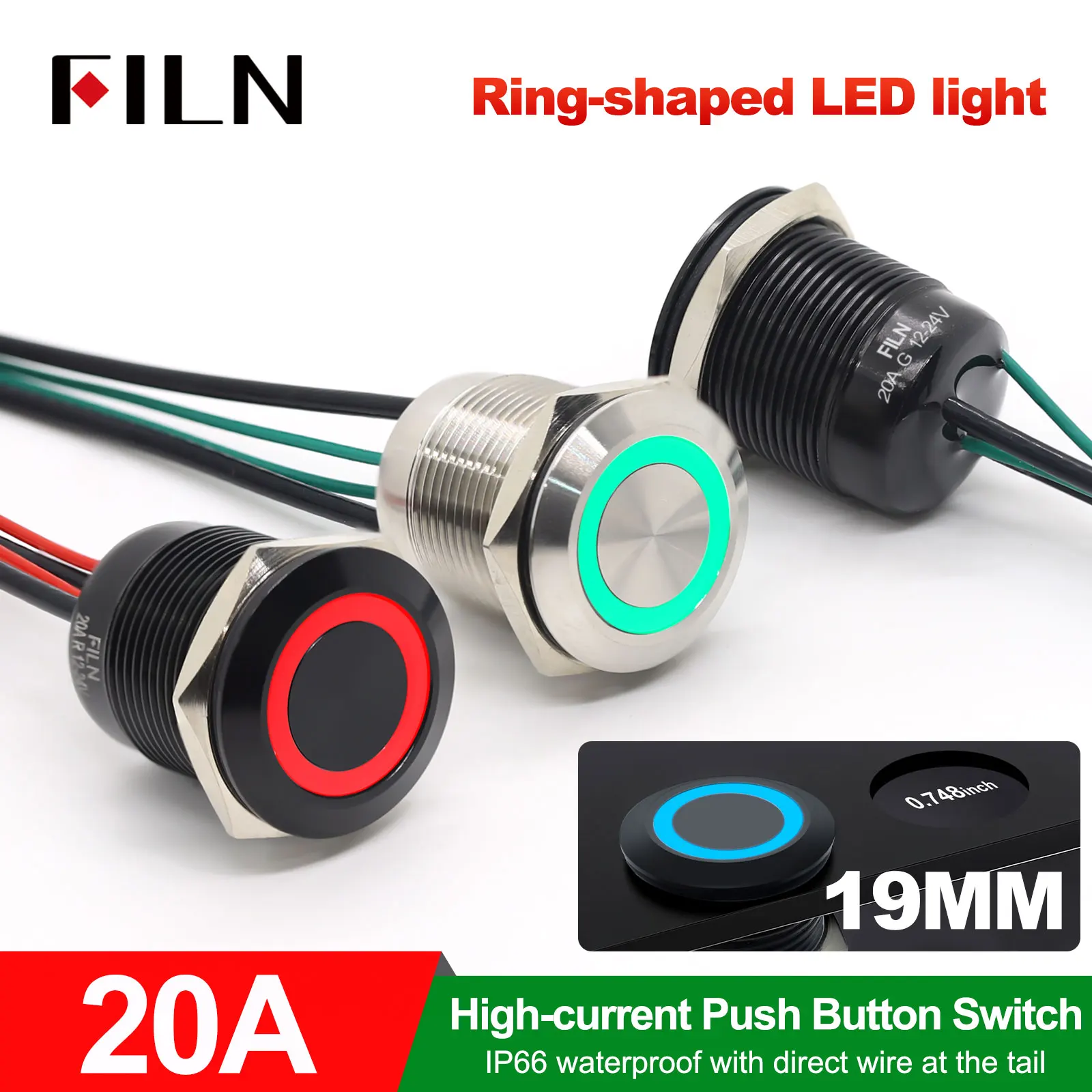 FILN 19mm 20A IP66 Waterproof 12V 24V 110V 220V Flat Ring Round Push Button Switch Black Metal Stainless Steel with 20cm Wire