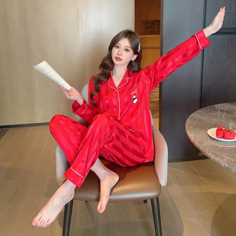 Women Sleepwear Set Spring Satin Long Sleeve Festive Red Pajama Set Turn Down Collar Faux Silk Panda Female Pijama Home Wear