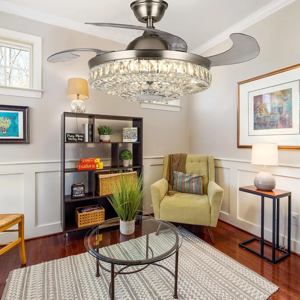 Modern Ceiling Fan with Light Remote Control, 42” Crystal Chandelier Fan with Retractable Blades, Smart Bluetooth Fandelier