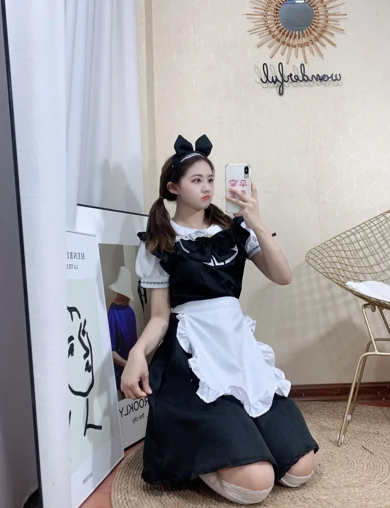 Black White Cute Maid Outfit Lolita Dress Girls Women Sweet Maid Cosplay Halloween Costume Dresses Outfit Performance Suit