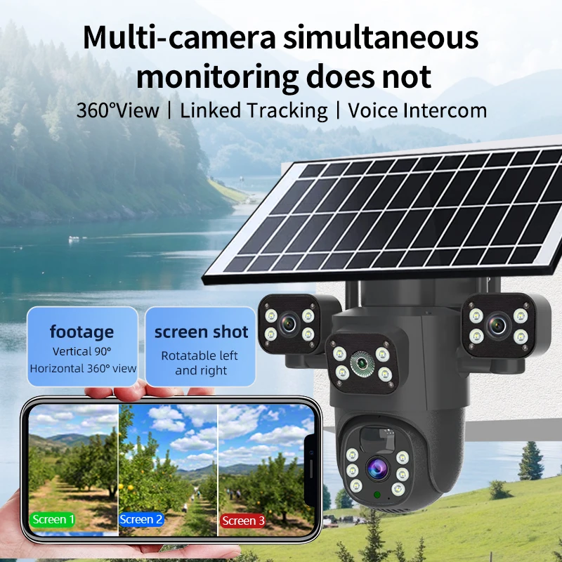 Guudgo 6MP 3 lentes Ultra HD câmera de segurança sem fio movida a energia solar 360 °   Pan Tilt Full Color Night Vision Motion Tracking em dois sentidos