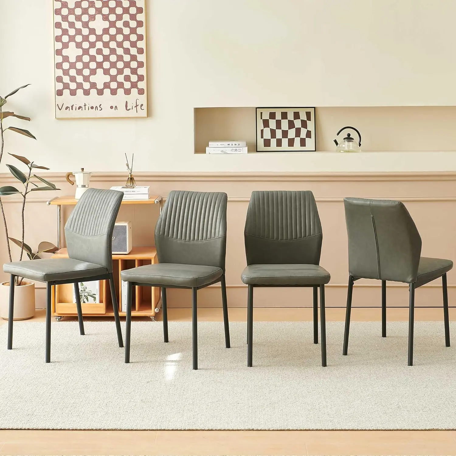 Dining Chairs Set Of 4, Modern Mid- Kitchen Chairs Upholstered Leather Pu Grey Living Room Chairs Comfortable, Metal Legs