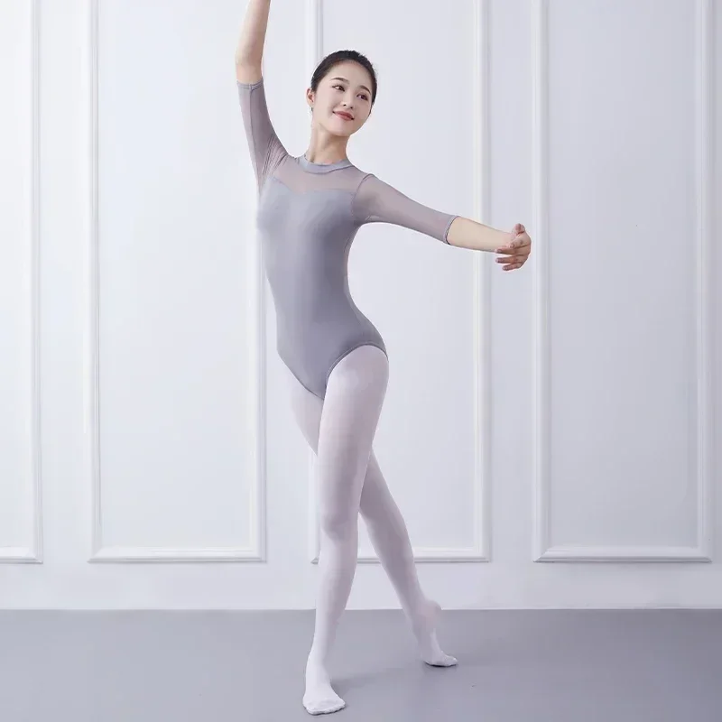 ダンスドレス レディース スモークグレー メッシュ パッチワーク 七分袖 バレエ テスト ボディドレス