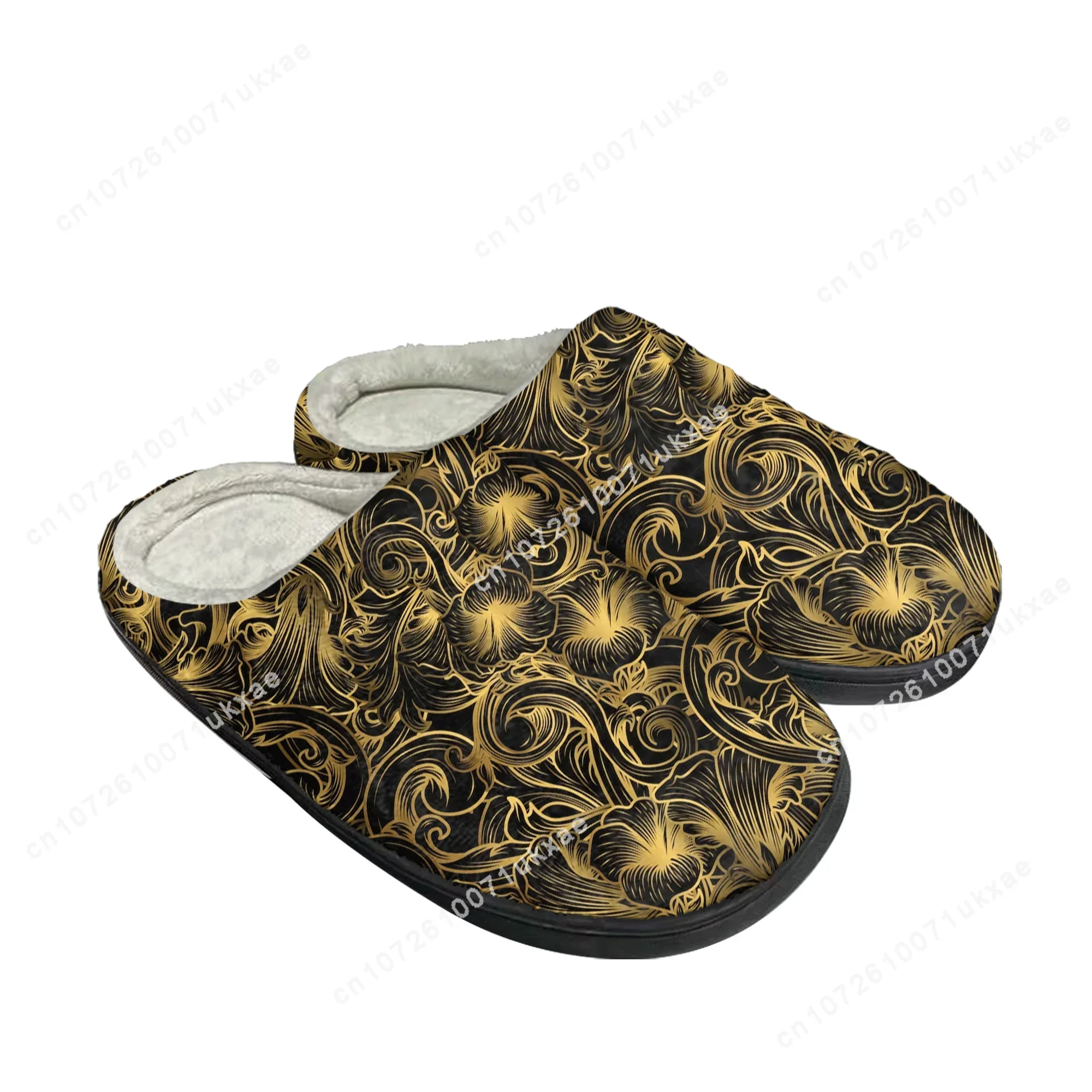 Luxo dourado floral barroco chinelos de algodão, chinelo térmico, sapatos personalizados, luxuoso quarto, casa, casual, manter aquecido