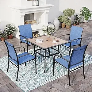

5 Piece Patio Dining Set for 4, 37”x37” Square Table with Umbrella Hole and 4 Metal Blue Chairs, Outdoor Table and Chairs Set