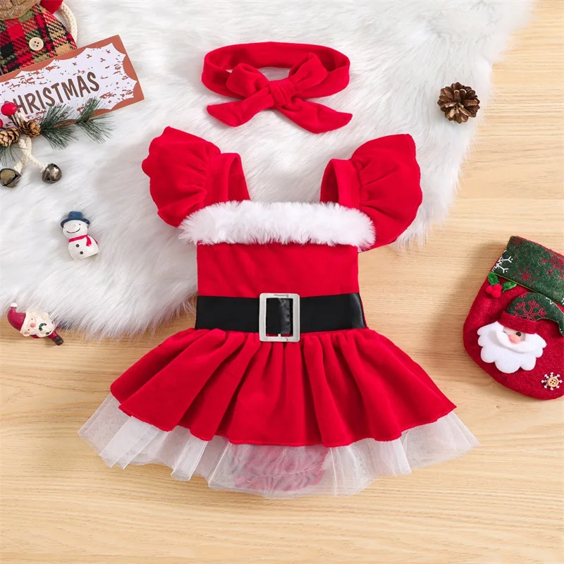 Suefunskry Baby Girls Christmas Outfits Long Sleeve Fur Trim Velvet Romper Dress + Headband Set Newborn XMAS Princess Clothes