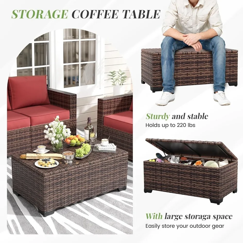 9-piece set of terrace furniture with 44 inch metal top fire pit table, outdoor willow terrace sofa, and storage table