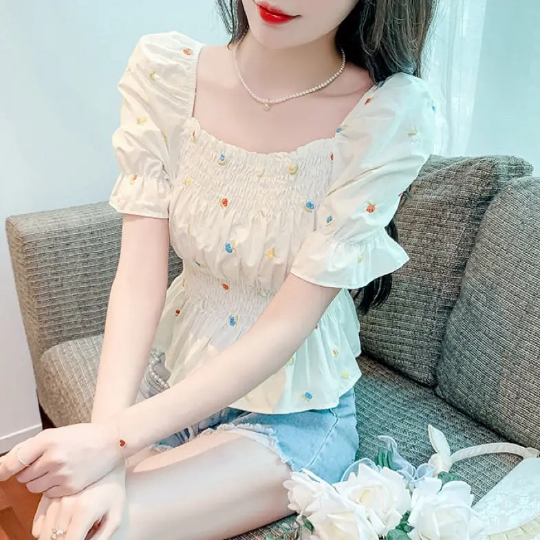 Summer New Square-Neck Floral Short-Sleeve Waist-Cinch Chiffon Top