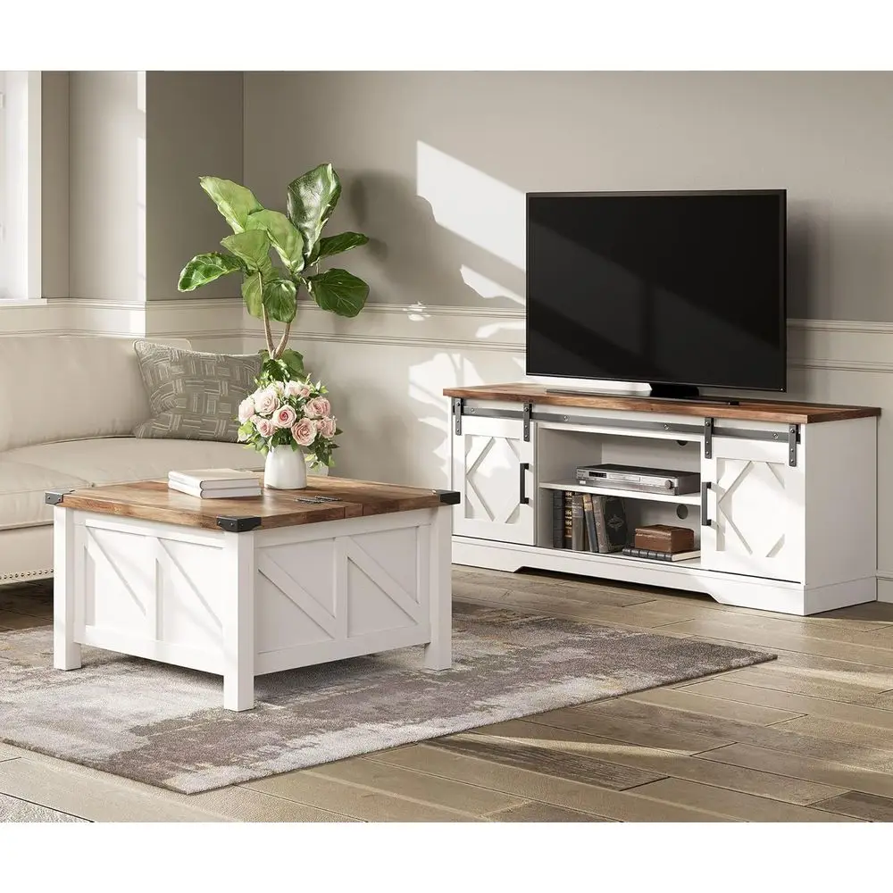 

Vintage White 65 TV Stand and Coffee Table Combo with Flip-Top, Entertainment Center for Living Room