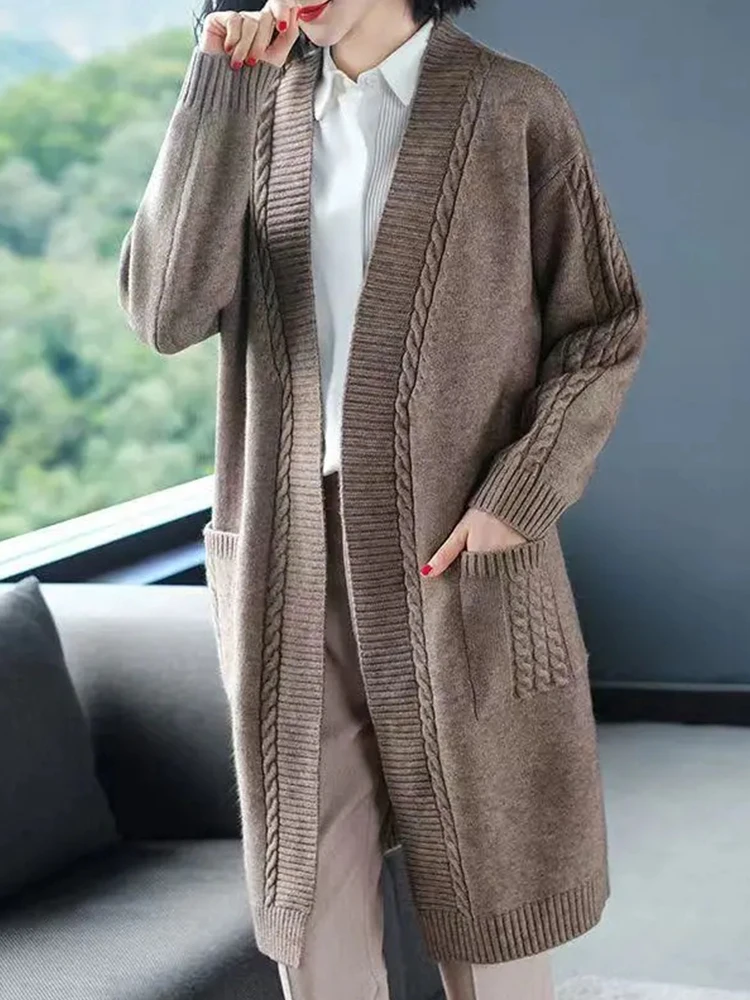 Premium Knitted Open Cardigan Outerwear Thickened Loose Women's Autumn Winter New Style Lazy Fashion Mid-Length Trendy Top