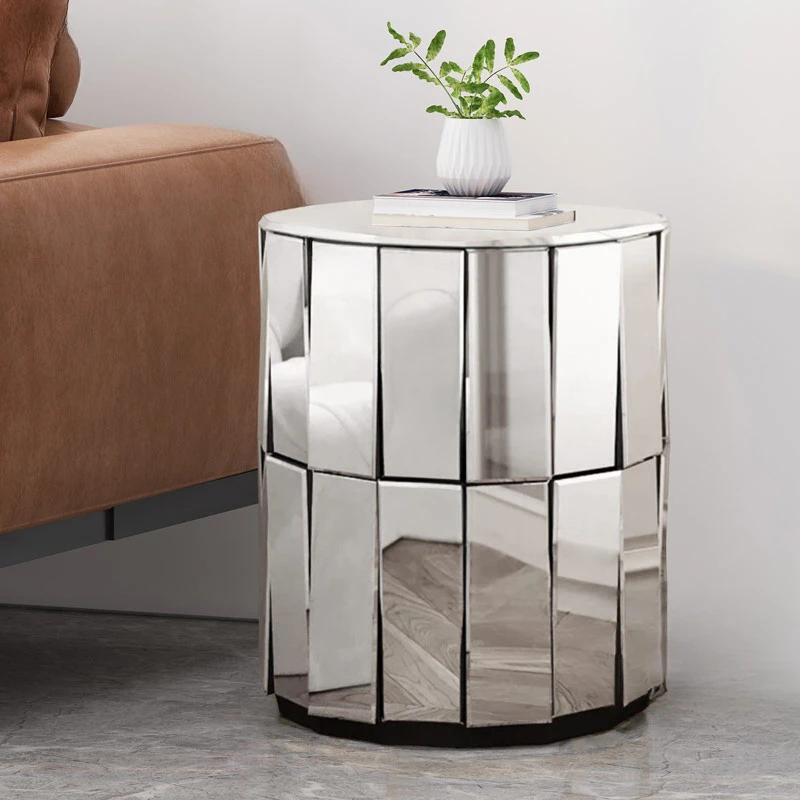 Modern minimalist mirror corner table, circular light luxury sofa edge table, fashionable, bright, and atmospheric living room