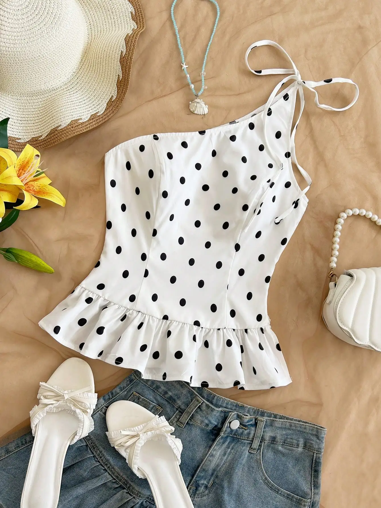 Women's Polka Dot Printed Fabric Textured Top, Casual, Date, Valentine's Day