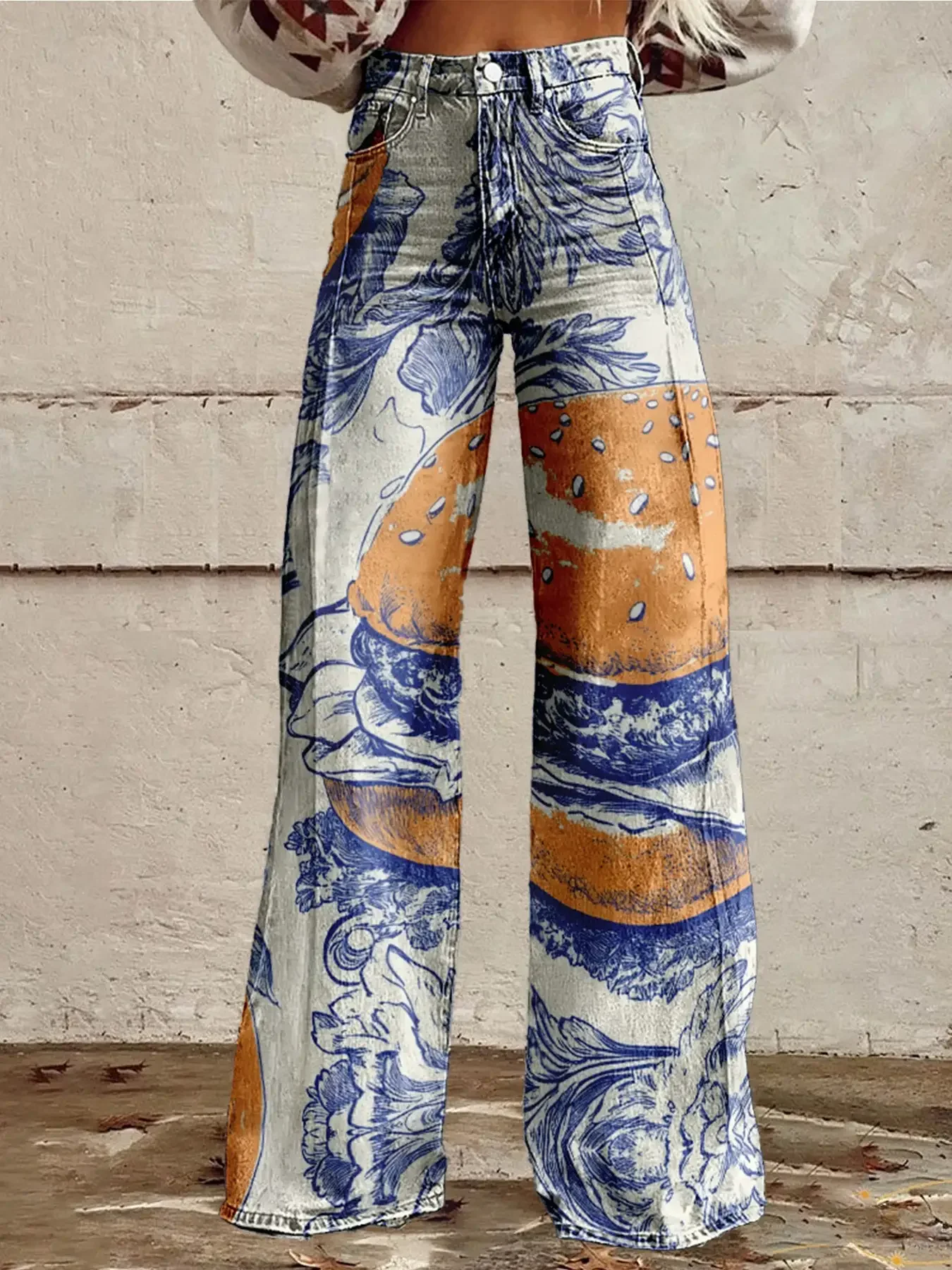 European and American contrasting 3D printed women's pants are fashionable and comfortable, imitating denim printing