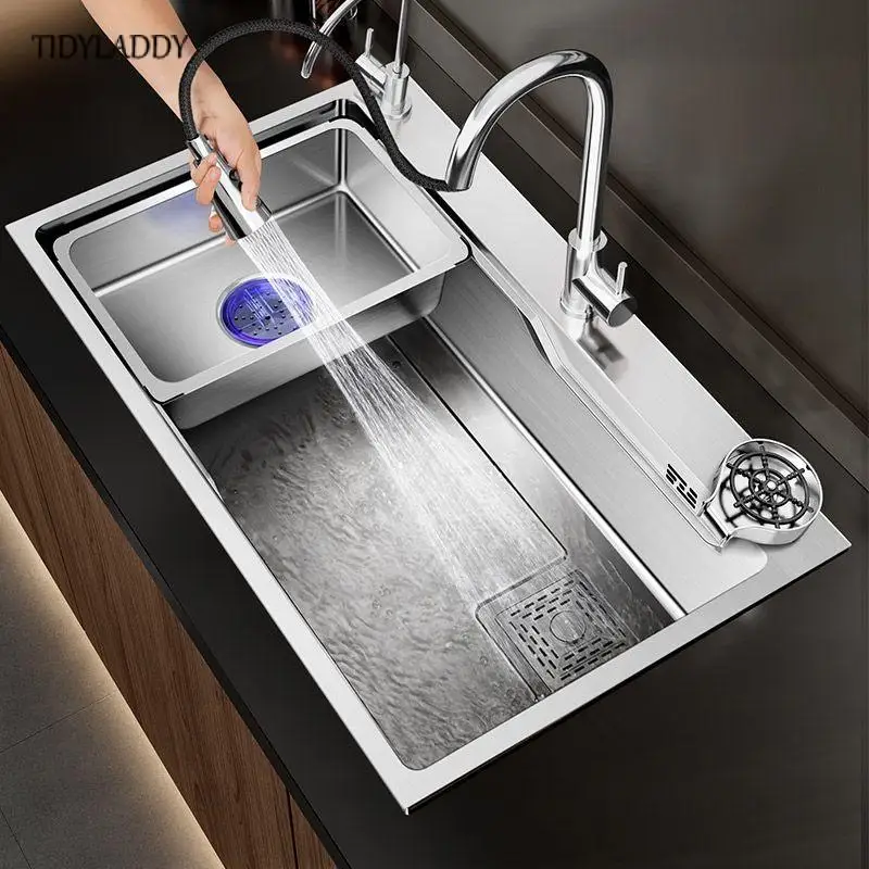 Nano Kitchen Sink Large Single Tank 304 Stainless Steel Side Row Vegetable Wash Basin Household Understage Basin Waterfall Sinks