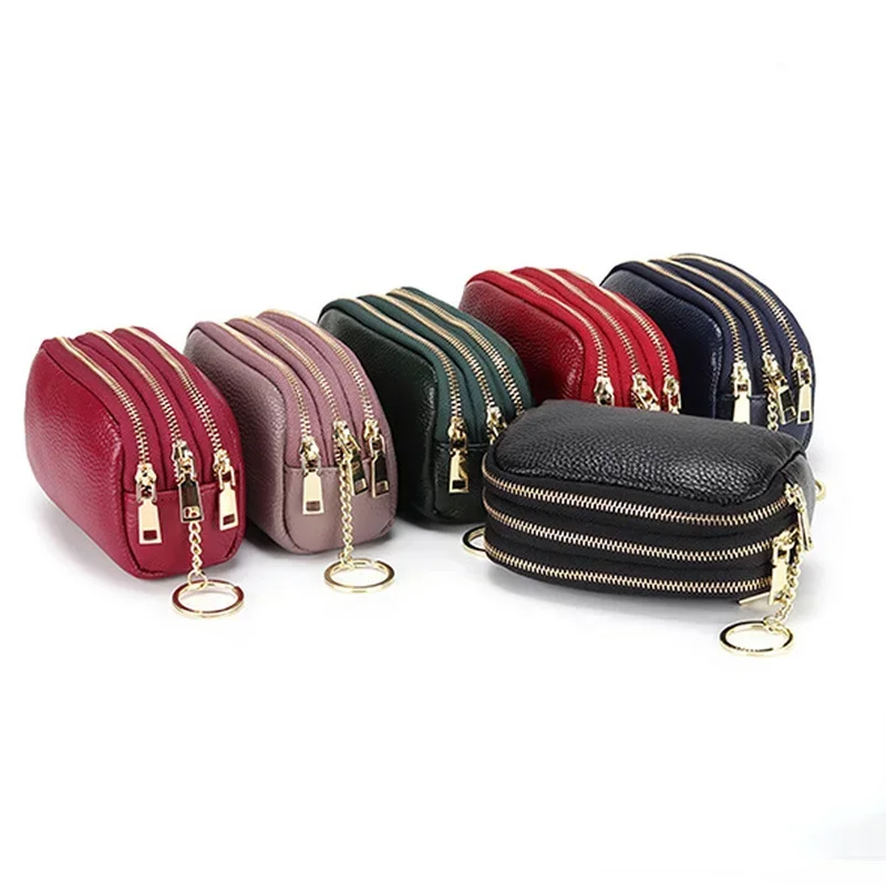 Genuine Leather Women\'s Wallet Fashion Short Coin Purse Card Holder Small Ladies Wallet Female Three Zippers Mini Clutch Purses