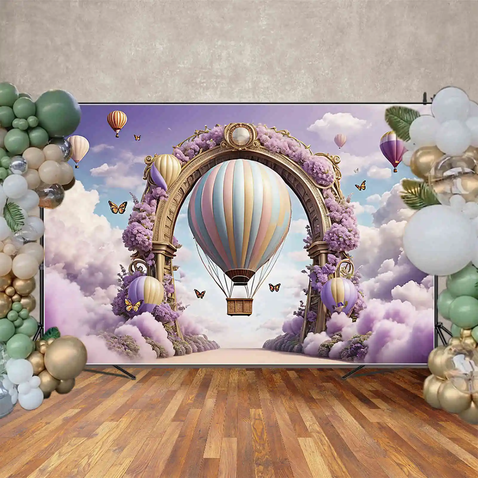 MOON.QG-Fondo de estudio fotográfico para niños, telón de fondo rosa y púrpura para cumpleaños, arco Floral con globos y flores, suministros para fotografía