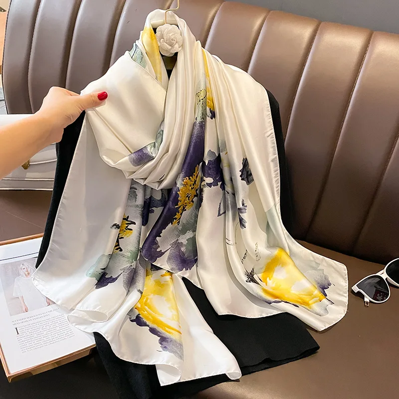 Spain Fashion Brand Women Silk Scarf Luxury Floral Stain Pashmina Shawls and Wraps Foulard Femme Bufandas Beach Hijab 180*90Cm