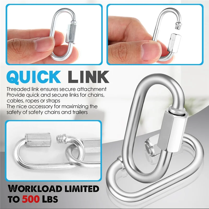 AB66-50 stuks roestvrijstalen snelketting link M3.5, 1,45 inch, 174Lbs D-vorm vergrendeling kettinghaken ketting link connector