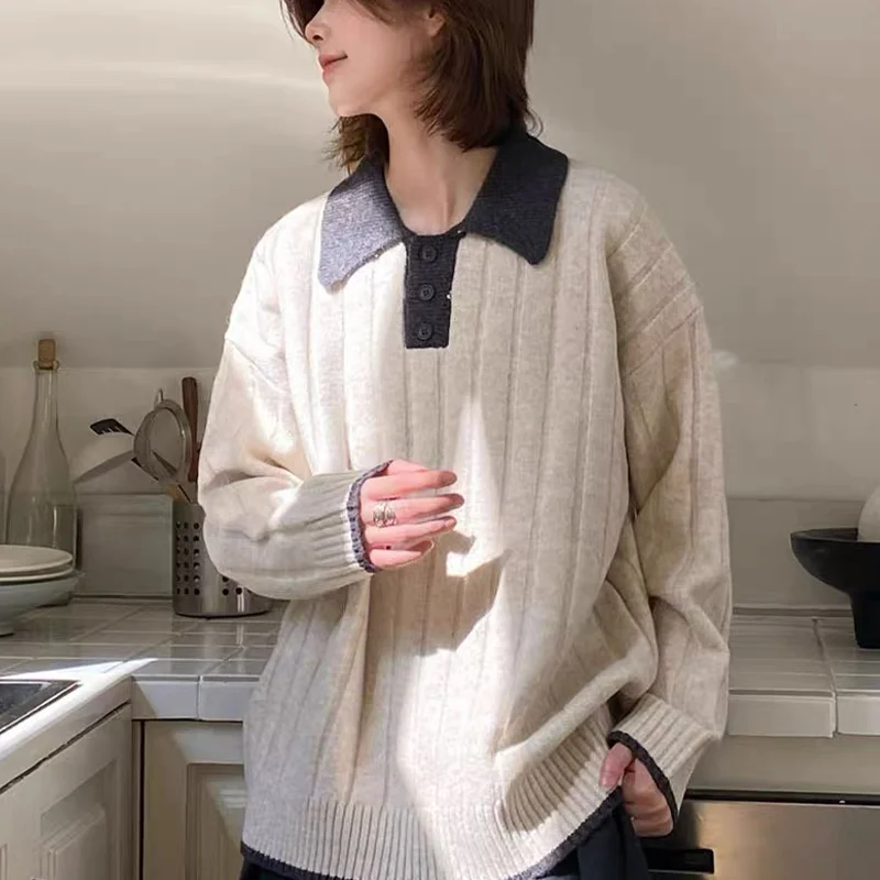 2025 Autumn/Winter New 100% Pure Wool Sweater Women's Casual Knitted Collar Pullover Loose Fashion Unisex Sweater