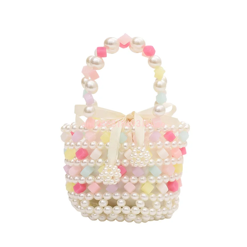 Kids Mini String Handbag Tote Candy Color Bucket Bags for Baby Girls Coin Pouch Box Cute Child Pearl Beach Purses and Handbags