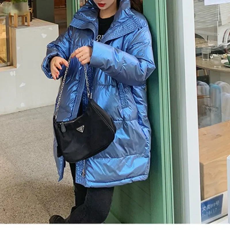 New 2024 Winter Jacket Ladies Down Cotton Long Coat Shiny Face Women's Plus Size Bread Coat Stand-up Collar Coat Winter