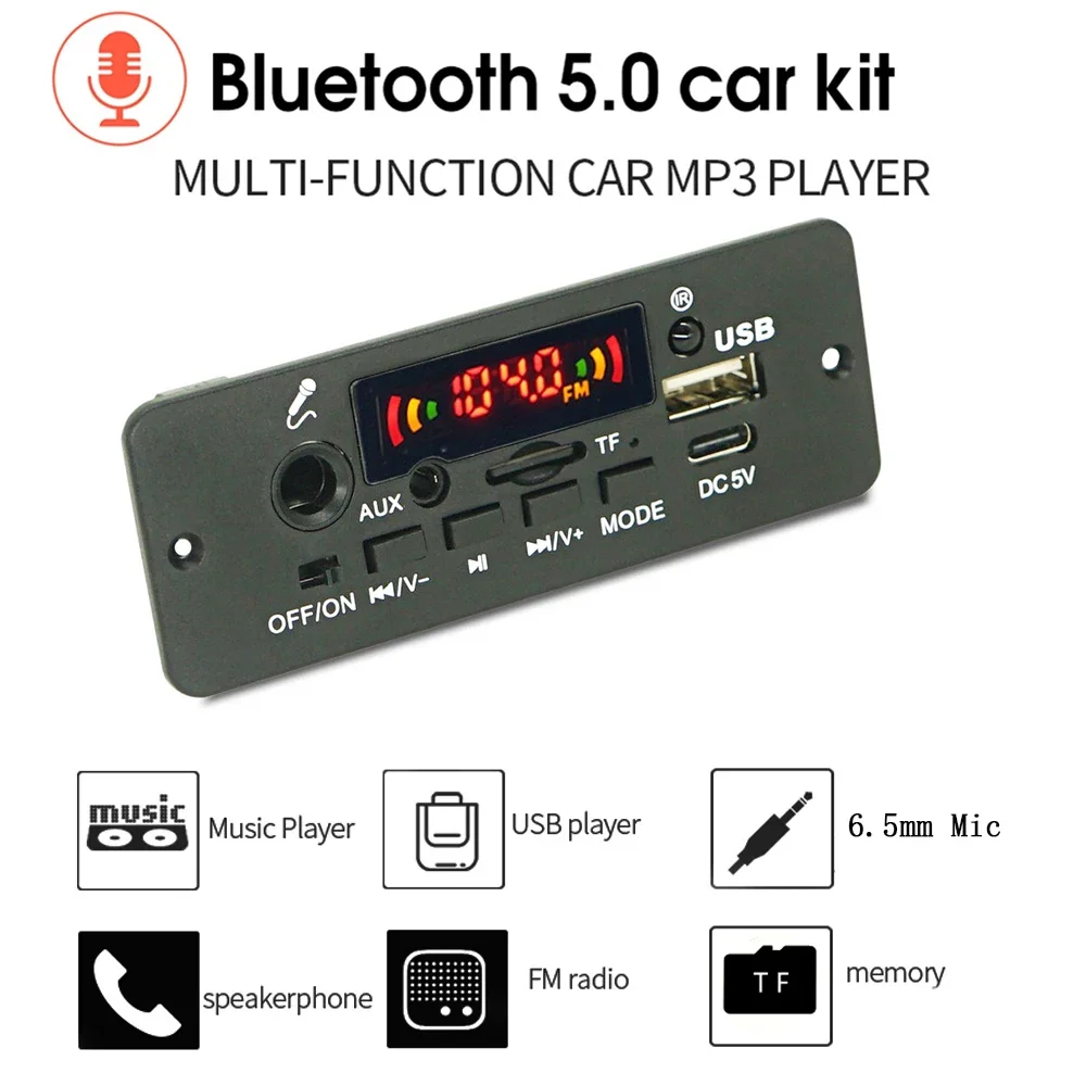 DC 5V Bluetooth MP3 WMA WAV Decoder Board 5W Amplifier Handsfree Car Audio Microphone USB TF FM Radio Mp3 Music Player Speaker