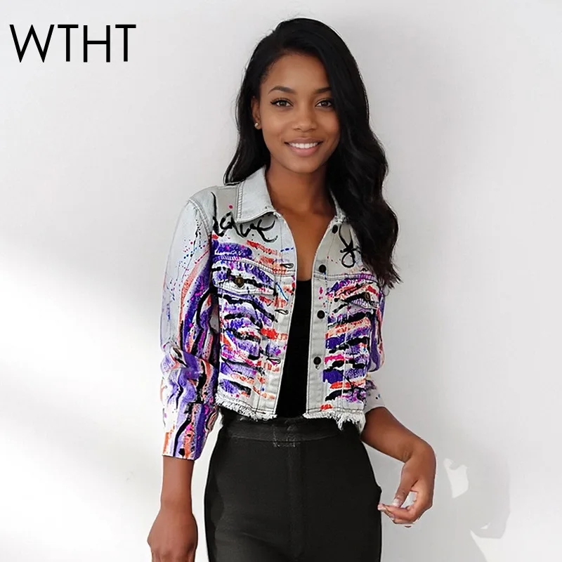 

WTHT Fashion Trendy Women's Irregular Graffiti Design Denim Jacket 2025 Autumn New Lapel Long Sleeve Coat Female 1LS2645