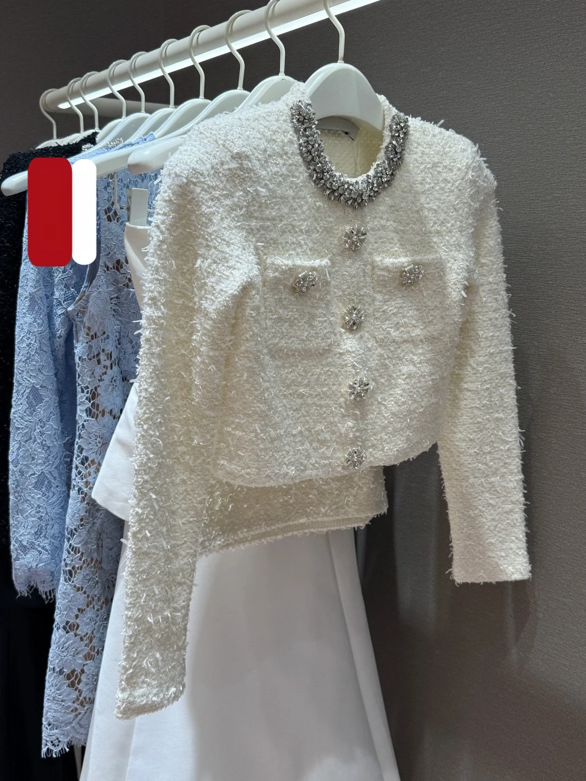 

White Thickened Knitted Sweater And Half Skirt Set HEIDD SP Heavy Work Water Diamond Fashion Set for Women Princess Style Aut...