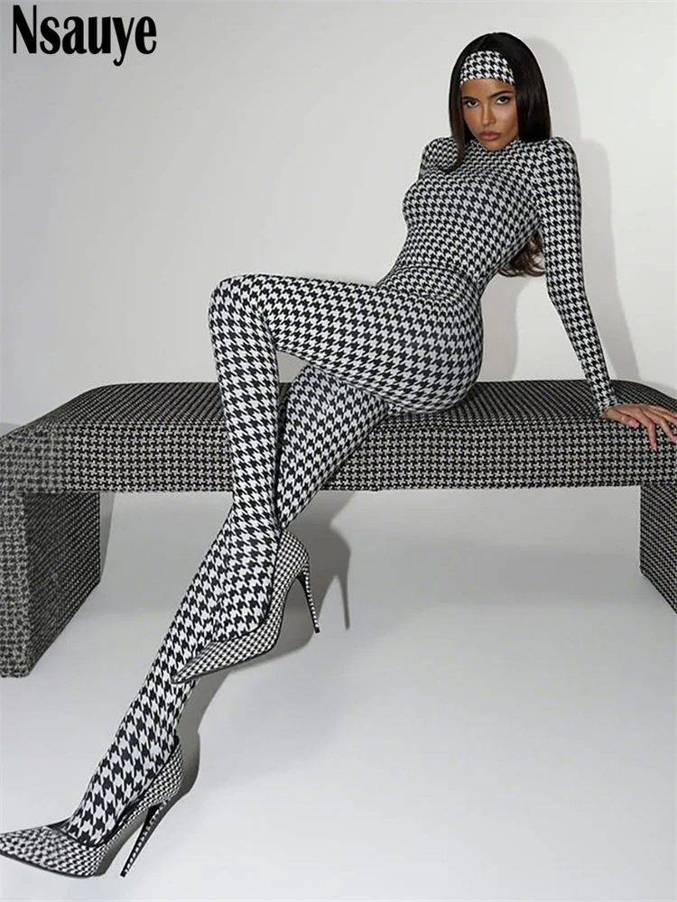 

Nsauye Sexy Night Club Women Houndstooth Fashion One Pieces Y2K Jumpsuit Rompers Overalls 2025 Long Sleeve Skinny Bodysuit Tops