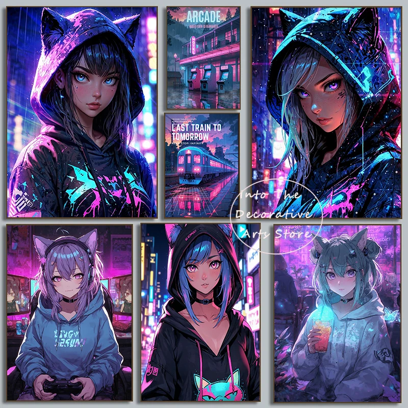 Classic Cool Cartoons Animations Neon-lit Internet Addict Girl Poster Canvas Painting Print Well Art Pictures Home Decoration