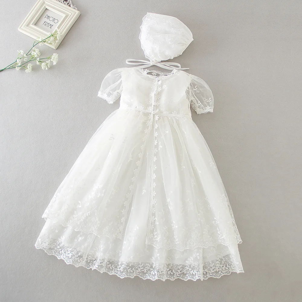 Baby Girl Baptism Dresses 3PCs Newborn Girl Princess Dress with Hat Embroidery Kid White Lace Clothing
