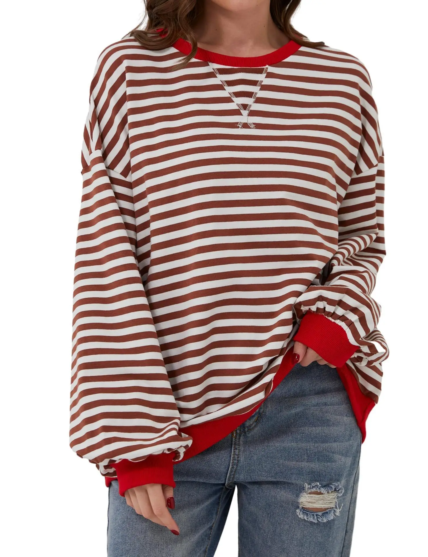 Womens Oversized Sweatshirt 2024 Casual Crewneck Long Sleeve Colorblock Striped Pullover Tunic Tops Outfits