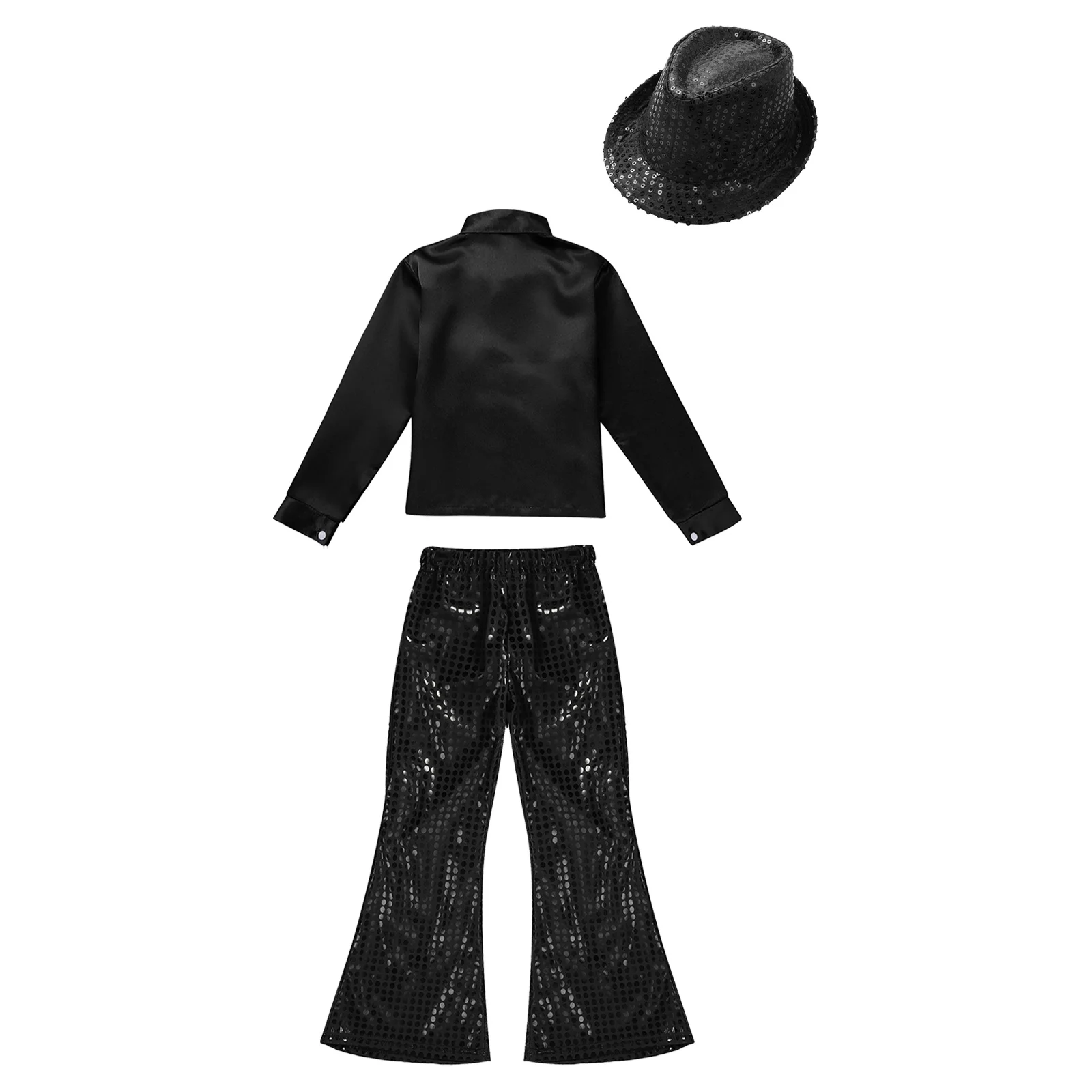 Kids Jazz Dance Costumes Children Boys Girls Modern Disco Dancing Outfits Party Shiny Sequin Dance Shirts Flared Pants and Hat