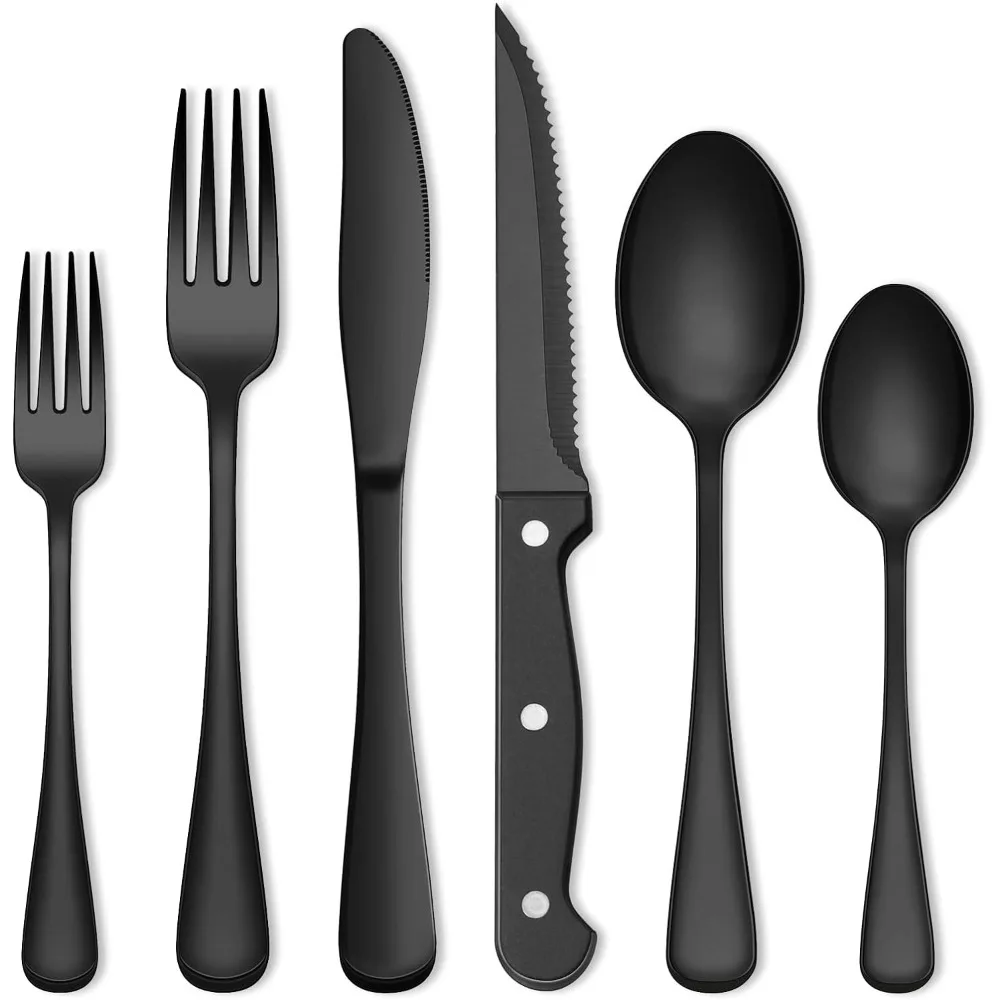 

Black Silverware Set, Umite Chef Flatware with Steak Knives for 12, Food-Grade Stainless Steel