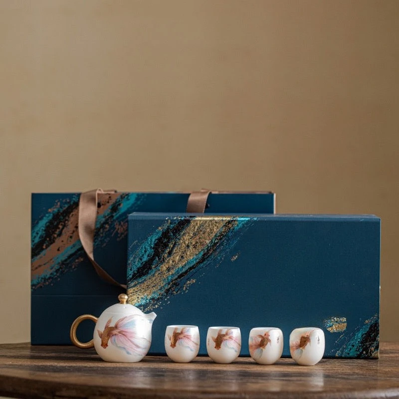 

White porcelain ice tea set ceramic kung fu high-end flying fish gift box