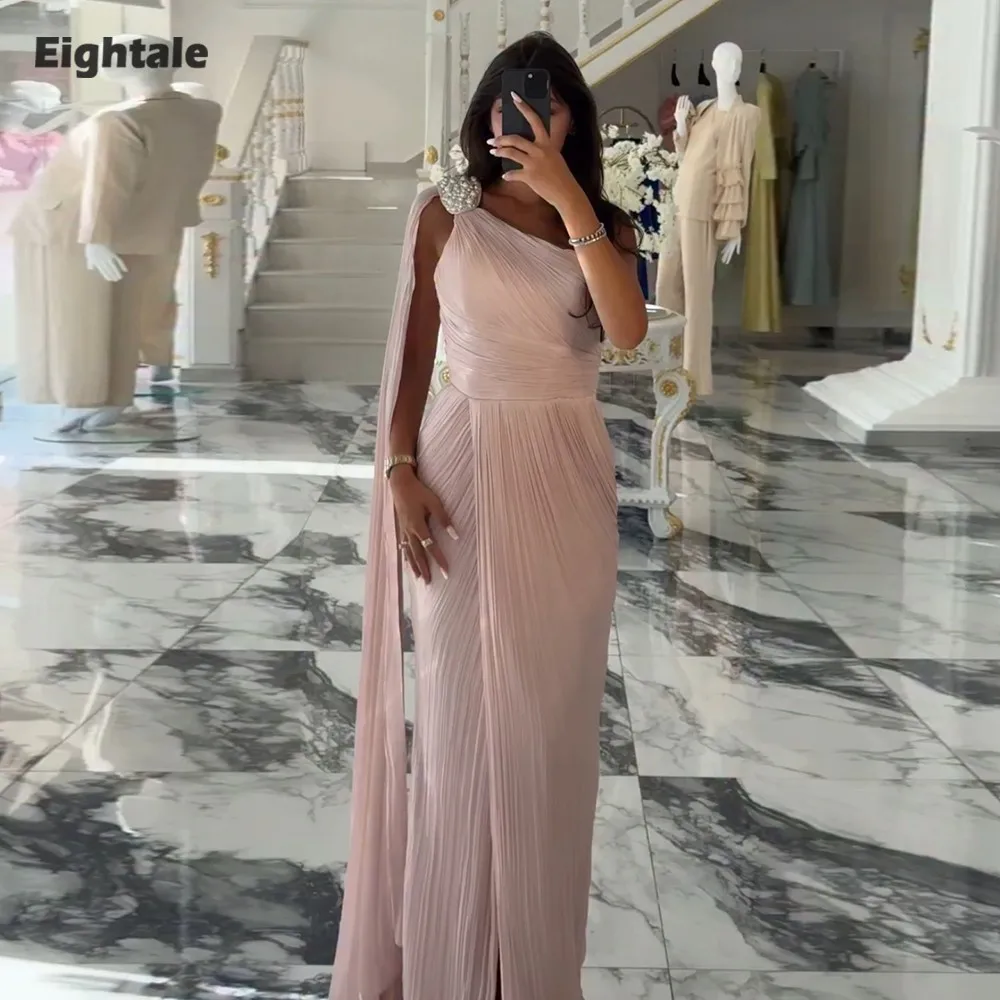 

Eightale Arabic Evening Dress One Shoulder Beaded Mermaid Crepe Customized Pleats Pink Muslim Prom Wedding Party Gown