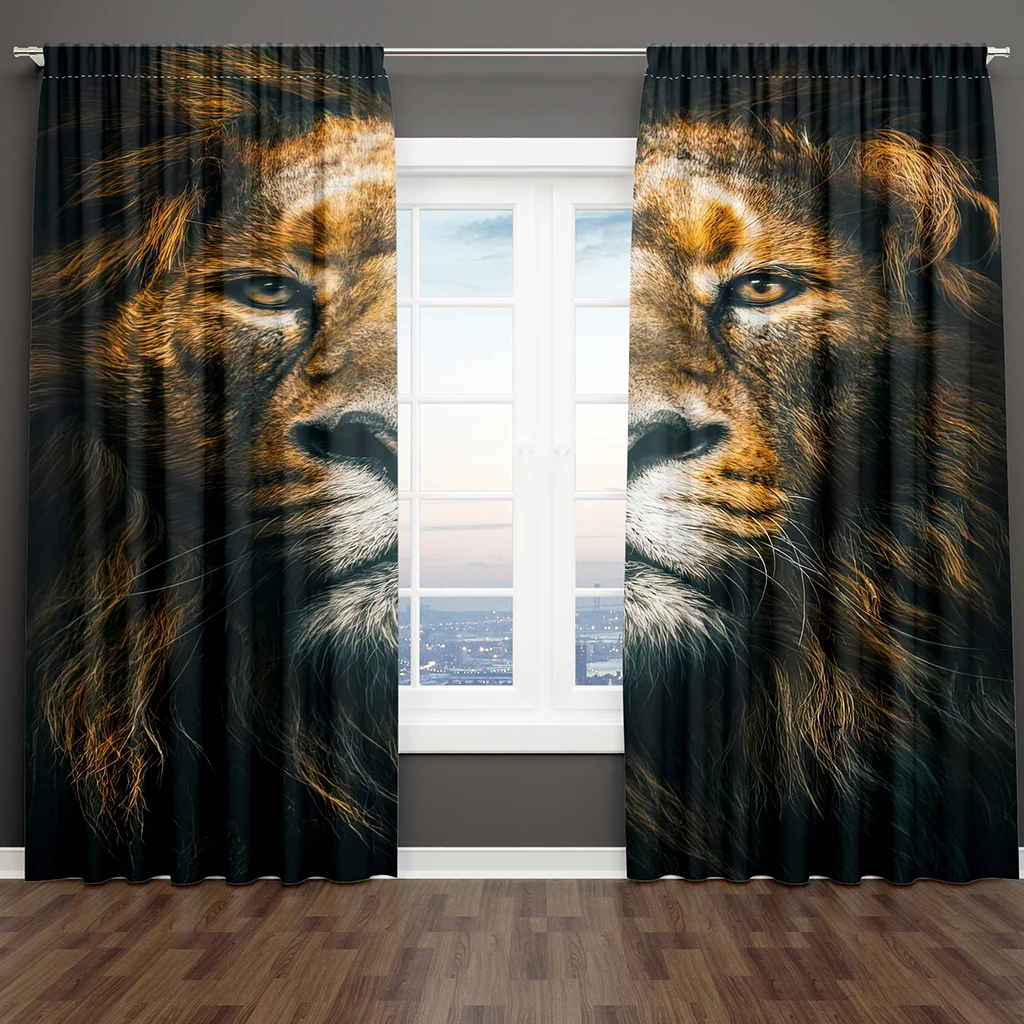 2pcs Lion Curtains African Wildlife Animal Window Drapes Grassland King Of Jungle Tree Window Curtains For Bedroom Living Room O