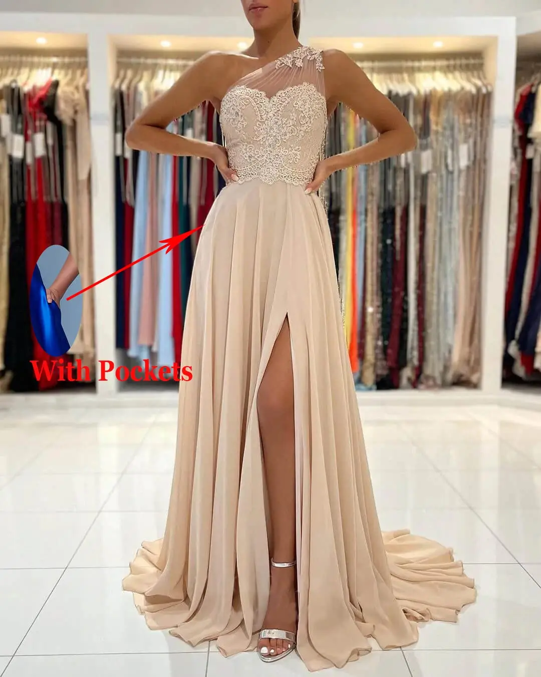 Women\'s One Shoulder Bridesmaid Dresses for Wedding Long Lace A-Line Silt Formal Evening Gown with Pockets Appliqu2024 plus size