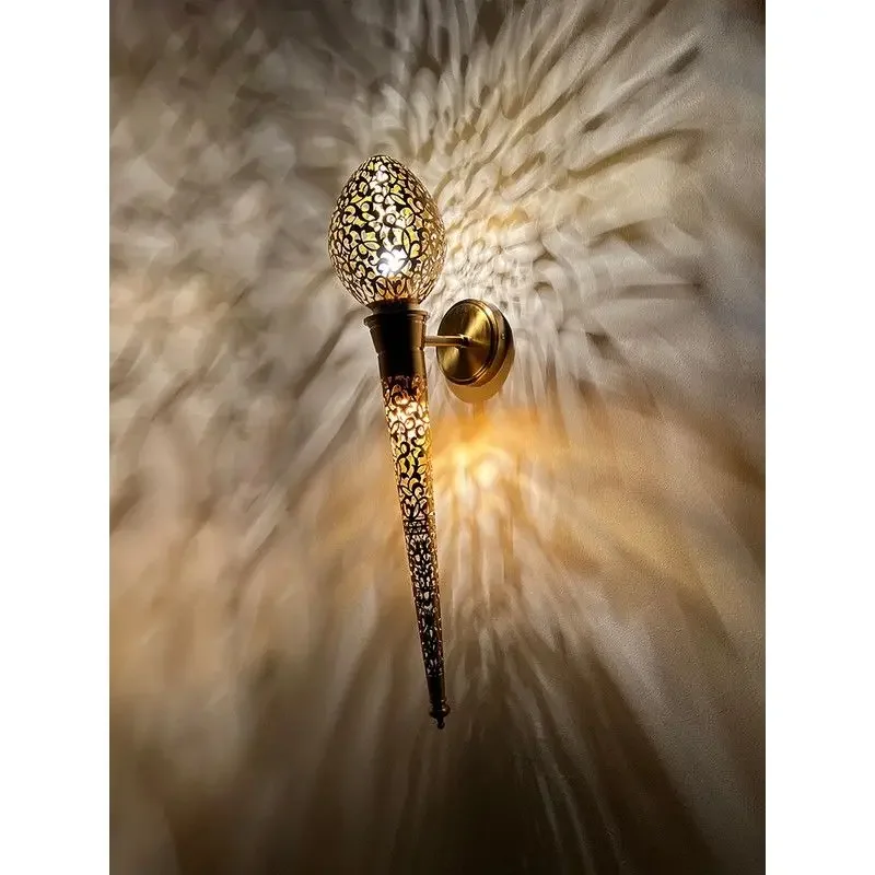 Moroccan Hollowed Out Carved Exotic Torch Wall Lamp LED Gold Lustre Restaurant Hotel Homestay Villa Entrance Corridor Hallway