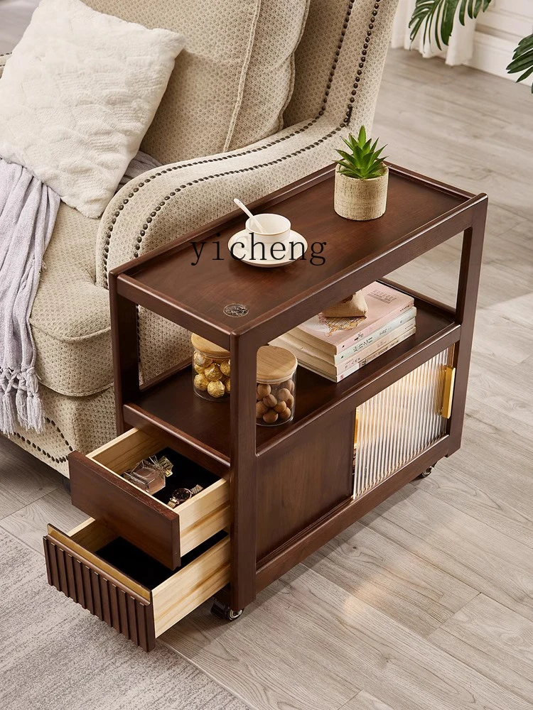 XL Removable Coffee Table Sofa Side Table Solid Wood Black Walnut Color Side Cabinet with Wheels Trolley