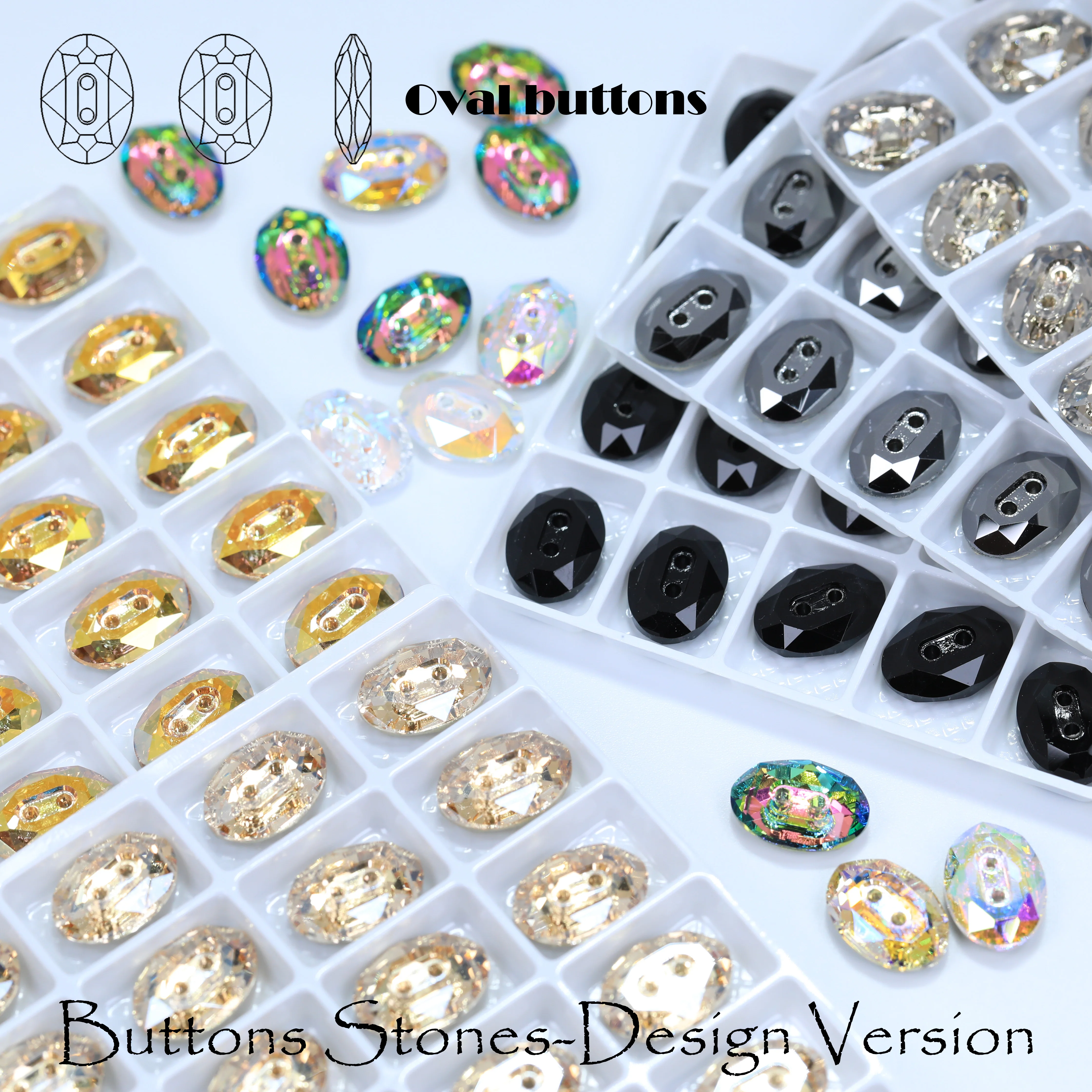 AB Oval Crystal Rhinestone Buttons 2-Hole Sew-on Flatback for Wedding Dress Coat Shirt DIY Sewing Garment Accessories Wholesale
