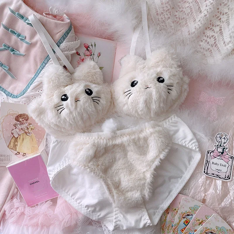 Girl's Japanese Autumn Winter Plush Women Lingerie Sets Cat's Claw Plush Cartoon Soft Warm Bra Sets Ropa Interior Femenina