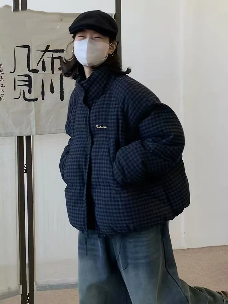 Vintage Plaid Crop Parkas Winter Loose Thick Warm Zipper Puffer Jacket Korean Preppy All Match Fluffy Puffer Coats