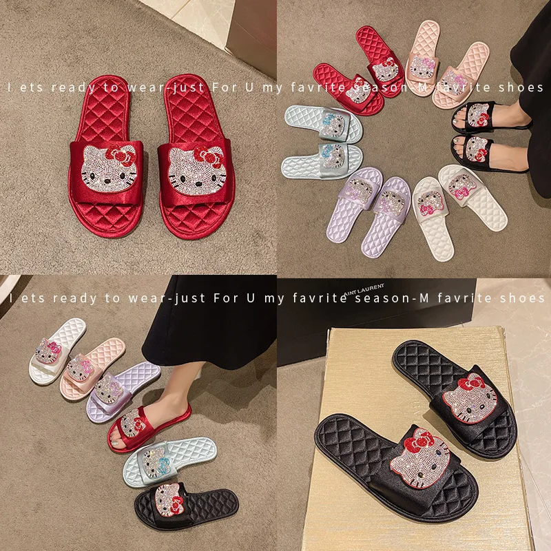 

Women Bling Hello Kitty Slippers Sparkly Rhinestone Decor Satin Upper Quilted Soft Insole Open-Toe Casual Indoor Home Sandals