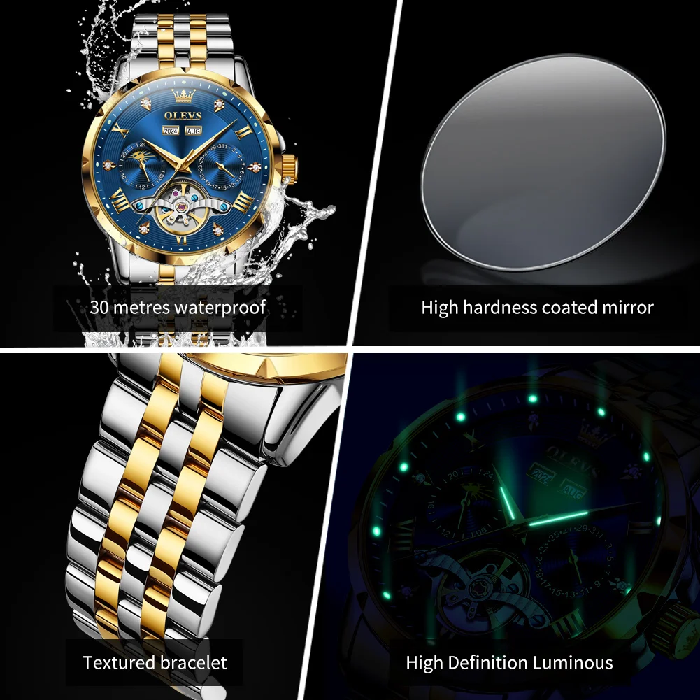 OLEVS 6691 ساعة رجالية فاخرة دولاب الموازنة ساعة ميكانيكية أوتوماتيكية مجوفة تقويم دائم مرحلة القمر مقاوم للماء ساعة رياضية للرجال