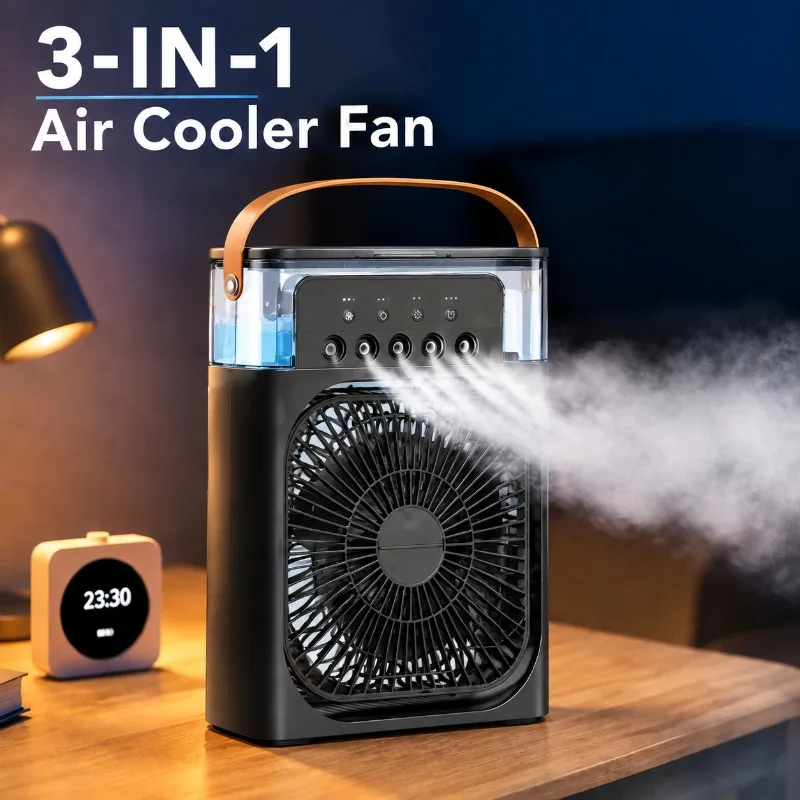 3 in 1 Air Cooler Fan Portable Humidifier LED Night Light USB Mini Desktop Fan for Office Home Bedroom Dormitory Travel Use ﻿