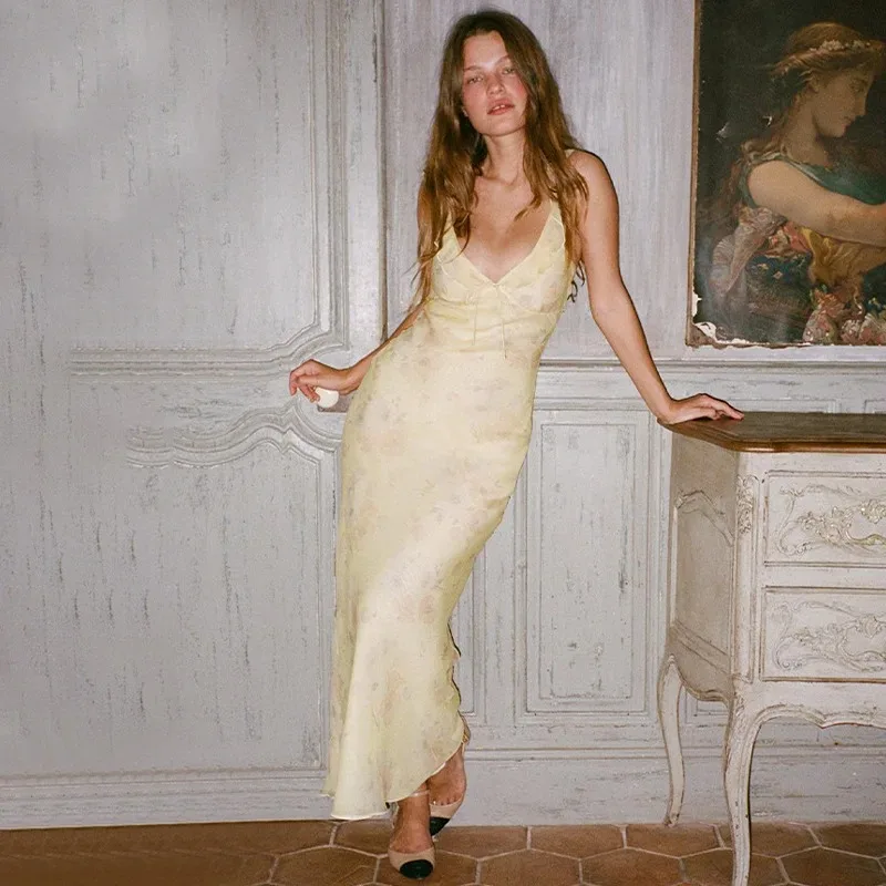 Cryptographic verano estampado Floral Plunge Maxi Vestido trajes Sexy espalda descubierta Hada sol vestidos vacaciones ropa de playa Vestido Coquette