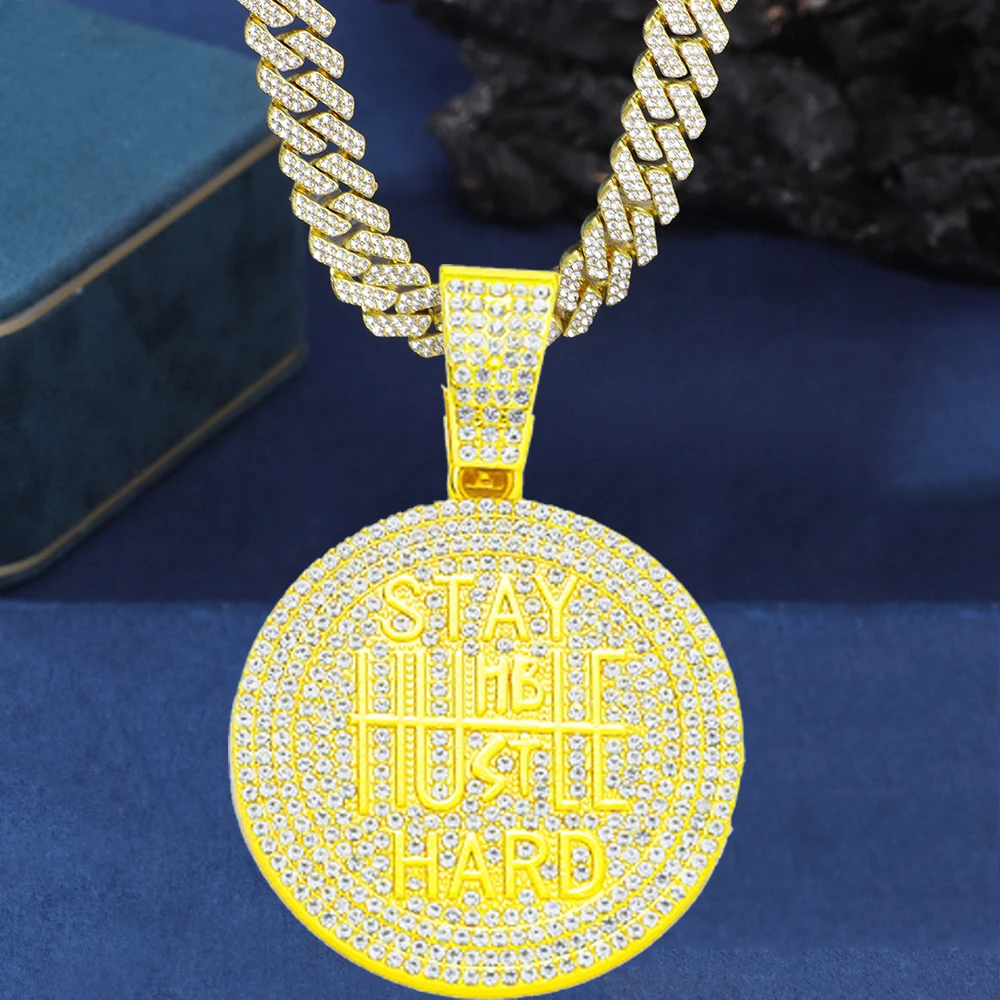 STAY HARD Round Pendent Necklace with Iced Cuban Link Chain Rapper Gift for Men Women