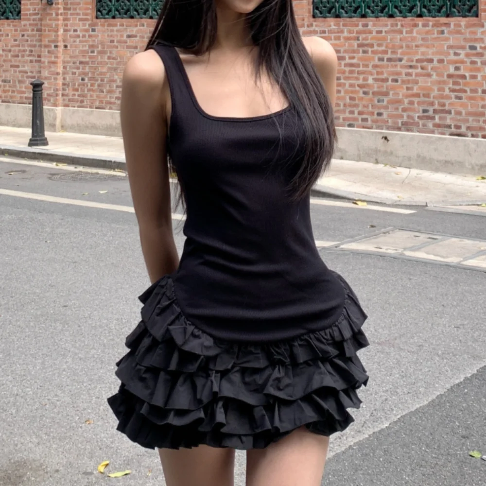 

Slim Fit Square Neckline Dress Ballet Style Ruffle Women Short Skirt Sleeveless Spicy Girl Style Halter Camisole Dress