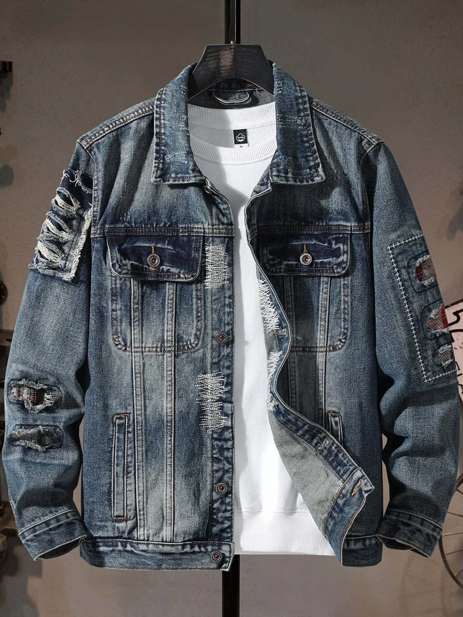 

Slim Fit Men's Denim Jaet ort Waed out Distred Patches Faionable Korean Sle Motorcycle Workwear Cotton Polyester